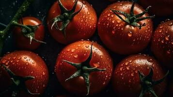 ai generiert Nahansicht von Tomaten mit Wasser Tropfen auf dunkel Hintergrund. Gemüse Hintergrund foto