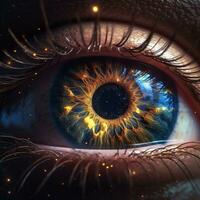 ai generiert Mensch Auge mit Galaxis Innerhalb Nahaufnahme, golden Iris auf dunkel Hintergrund. ai generiert foto