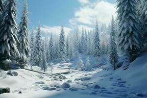 ai generiert ein schneebedeckt alpin Wald mit immergrün Bäume foto