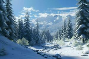 ai generiert ein schneebedeckt alpin Wald mit immergrün Bäume foto