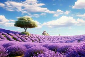 ai generiert ein Sommer- Tag im ein Lavendel Feld mit Bäume foto