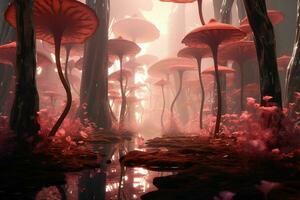 ai generiert ein surreal Fantasie Wald mit wunderlich glühend foto