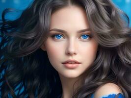 ai generiert ein Frau mit wellig glänzend Haar und atemberaubend Blau Augen ai generieren foto