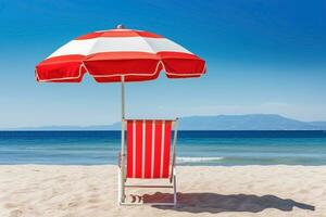 ai generiert Sonne Liege mit Regenschirm auf das Strand, Sommer- Ferien Hintergrund. ai generiert foto