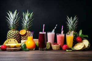 ai generiert Milchshakes und frisch Saft Cocktails mit Früchte Sommer- Hintergrund. ai generiert foto