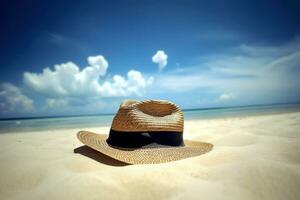 ai generiert Stroh Hut auf das Strand Nahaufnahme, Sommer- Hintergrund. ai generiert foto