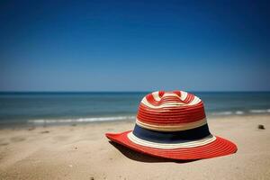 ai generiert Stroh Hut auf das Strand Nahaufnahme, Sommer- Hintergrund. ai generiert foto