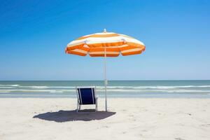 ai generiert Sonne Liege mit Regenschirm auf das Strand, Sommer- Ferien Hintergrund. ai generiert foto