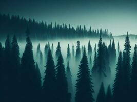 ai generiert neblig Landschaft mit Tanne Wald im Hipster Jahrgang retro Stil foto
