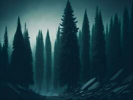 ai generiert neblig Landschaft mit Tanne Wald im Hipster Jahrgang retro Stil foto