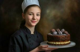 ai generiert Koch schwarz Schürze Kuchen Foto Porträt. generieren ai