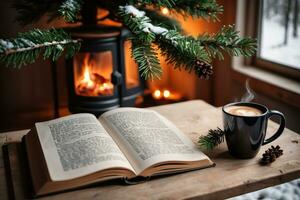 ai generiert Winter Zuhause gemütlich Konzept mit Kaffee und Buch foto