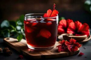 ai generiert ein Glas von rot trinken mit Hibiskus Blumen foto
