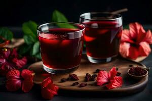 ai generiert zwei Brille von rot Tee mit rot Blumen foto