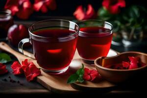 ai generiert zwei Tassen von Tee mit rot Blumen auf ein hölzern Tabelle foto