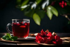ai generiert ein Tasse von Hibiskus Tee mit ein Hibiskus Blume auf ein hölzern Tabelle foto