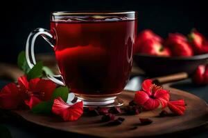 ai generiert rot Tee im ein Glas Tasse mit rot Blumen auf ein dunkel Hintergrund foto
