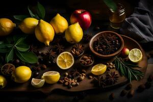 ai generiert Zitrone, Apfel, Zimt, Anis, und andere Gewürze auf ein hölzern Schneiden Tafel foto