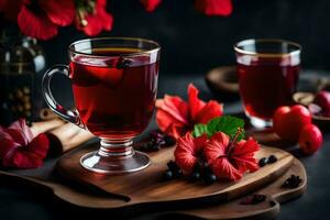 ai generiert rot Tee mit Hibiskus Blumen und rot Blumen auf ein dunkel Hintergrund foto