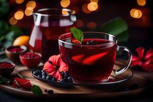 ai generiert ein Tasse von Tee mit Beeren und Blumen foto