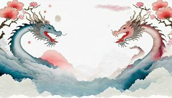 ai generiert 2024 Chinesisch Neu Jahr Banner Jahr von das Drachen Vorlage Design mit Drachen, Wolken, und Blumen im das Hintergrund. foto