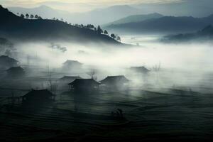 ai generiert Chinesisch Dorf neblig Morgen Hintergrund Hintergrund foto