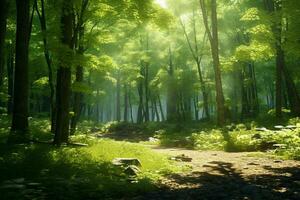 ai generiert ein still Wald Lichtung mit Sonnenlicht Filtern foto