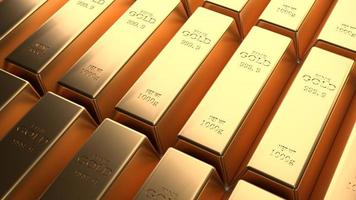 Closeup glänzend gold Bar Anordnung in Folge. Business Gold Zukunft und Finanzkonzept. 3D-Darstellung. Weltwirtschaft und Währungsumtausch. Geldhandel und sicherer Hafenmarkt foto