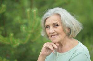 Nahansicht Porträt von lächelnd Alten Frau posieren im Sommer- Park foto