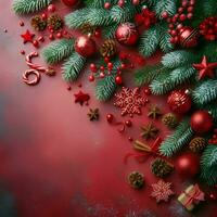 ai generiert Weihnachten Hintergrund mit rot und Grün Dekorationen foto