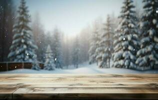 ai generiert leeren Winter Holz Planke Tafel Tabelle mit Schneefall ai generiert foto