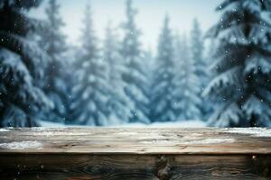 ai generiert leeren Winter Holz Planke Tafel Tabelle mit Schneefall ai generiert foto