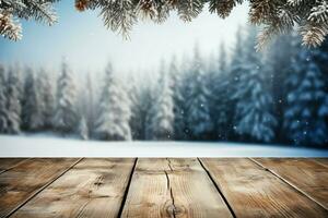 ai generiert leeren Winter Holz Planke Tafel Tabelle mit Schneefall ai generiert foto