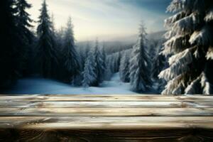 ai generiert leeren Winter Holz Planke Tafel Tabelle mit Schneefall ai generiert foto