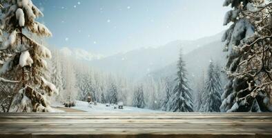 ai generiert leeren Winter Holz Planke Tafel Tabelle mit Schneefall ai generiert foto