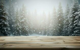 ai generiert leeren Winter Holz Planke Tafel Tabelle mit Schneefall ai generiert foto