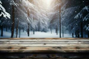 ai generiert leeren Winter Holz Planke Tafel Tabelle mit Schneefall ai generiert foto
