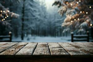 ai generiert leeren Winter Holz Planke Tafel Tabelle mit Schneefall ai generiert foto