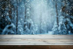 ai generiert leeren Winter Holz Planke Tafel Tabelle mit Schneefall ai generiert foto