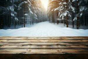 ai generiert leeren Winter Holz Planke Tafel Tabelle mit Schneefall ai generiert foto