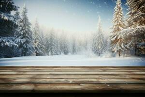 ai generiert leeren Winter Holz Planke Tafel Tabelle mit Schneefall ai generiert foto