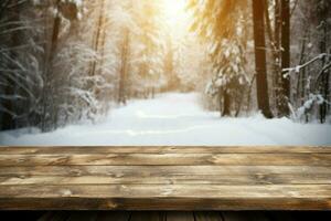 ai generiert leeren Winter Holz Planke Tafel Tabelle mit Schneefall ai generiert foto