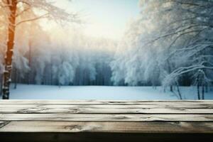 ai generiert leeren Winter Holz Planke Tafel Tabelle mit Schneefall ai generiert foto