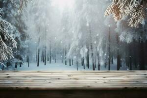 ai generiert leeren Winter Holz Planke Tafel Tabelle mit Schneefall ai generiert foto