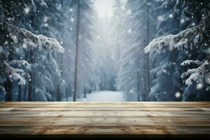 ai generiert leeren Winter Holz Planke Tafel Tabelle mit Schneefall ai generiert foto