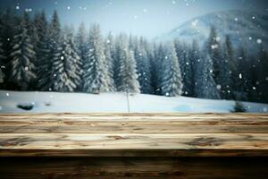 ai generiert leeren Winter Holz Planke Tafel Tabelle mit Schneefall ai generiert foto