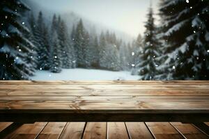 ai generiert leeren Winter Holz Planke Tafel Tabelle mit Schneefall ai generiert foto