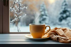 ai generiert Tasse von Tee oder Kaffee Becher auf Tabelle in der Nähe von Fenster Winter Ferien ai generiert foto