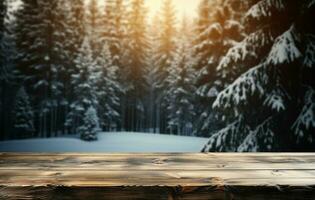 ai generiert leeren Winter Holz Planke Tafel Tabelle mit Schneefall ai generiert foto