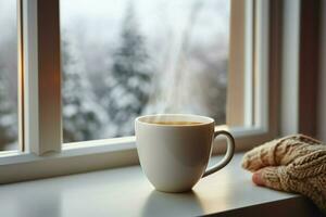 ai generiert Tasse von Tee oder Kaffee Becher auf Tabelle in der Nähe von Fenster Winter Ferien ai generiert foto